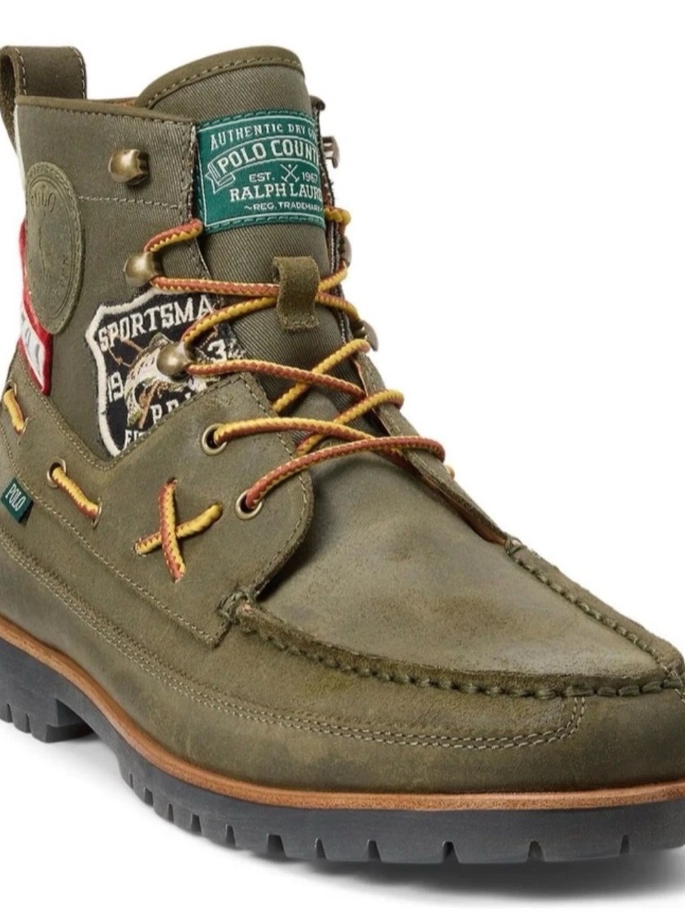 Men's POLO RALPH LAUREN Ranger Mid Suede Twill Patch Work Boot Olive NEW Sz 14